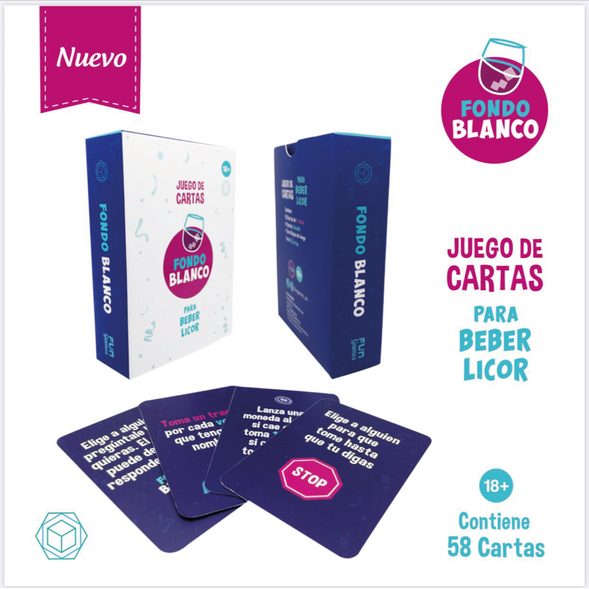 Juego de Cartas +18 Fondo Blanco — 58 Retos, Shots & Momentos Inolvidables